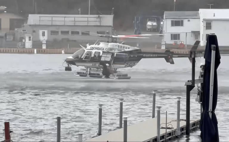 A helicopter from the OCSD rescue a dog that was in the Seneca River