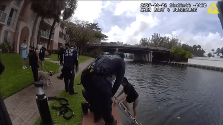 Firefighters and police officers in Hallandale Beach rescue a woman and her dog