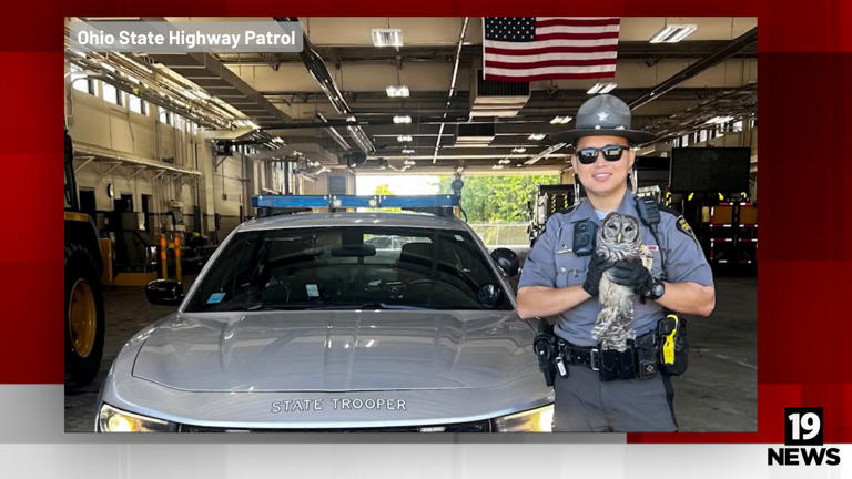 Ohio State Police Officer Tamang with an owl he rescued in late July Ohio State Police Officer Tamang with an owl he rescued in late July