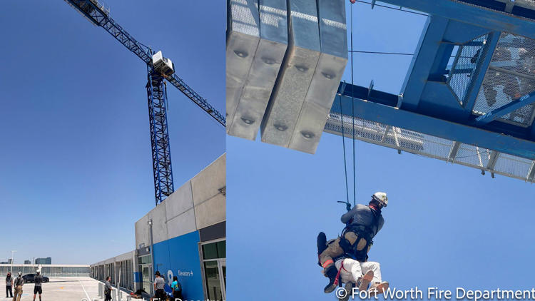 Firefighters rescue a crane operator who needed help in Fort Worth Texas Firefighters rescue a crane operator who needed help in Fort Worth Texas