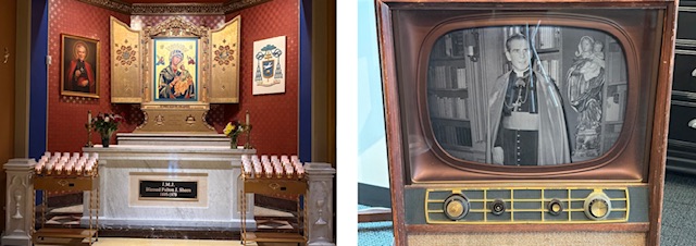 Archbishop Sheen’s tomb, and an old TV with his show.  Photos taken by and the property of FourWalls.
