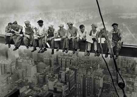 Men lunching on a crossbeam! - This was taken on the Empire State building, during its construction, in Sept 1939.