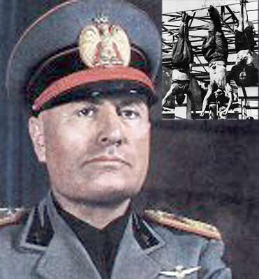 Mussolini - Benito Amilcare Andrea Mussolini (July 29, 1883 – April 28, 1945) established a repressive fascist regime in Italy. He became a close ally of Adolf Hitler, whom he influenced. He entered the World War II in June, 1940 on the side of Nazi Germany. Three years later, the Allies invaded Italy. On April 27, 1945, Mussolini and his mistress attempted to escape to Switzerland, only to be captured. The next day, they were shot along with fifteen others. Their bodies were found hung upside down on meat hooks in Piazzale Loreto (Milan).