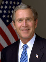 George W Bush - George Walker Bush (born July 6, 1946) is the 43rd and current President of the United States, inaugurated on January 20, 2001. He was re-elected in the 2004 Presidential election. He formerly served as the 46th Governor of Texas from 1995 to 2000. A Republican, he belongs to the politically influential Bush family, being a son of former president George Bush and elder brother to Jeb Bush, Governor of Florida.  He was president during the September 11, 2001, attacks and responded by declaring a global War on Terrorism. In October 2001 he ordered the invasion of Afghanistan to overthrow the Taliban and destroy Al-Qaeda.[1] In March 2003, Bush ordered the invasion of Iraq, asserting that Iraq was in violation of UN Resolution 1441 regarding weapons of mass destruction and had to be disarmed by force.[2] Following the overthrow of Saddam Hussein's regime, Bush committed the U.S. to establishing democracy in the Middle East, starting with Afghanistan and Iraq.[3]  A self-described 'War President',[4] Bush won re-election in 2004 after an intense and heated election campaign, becoming the first candidate to win a majority vote in 16 years.[5] Since his re-election, he has received increasingly heated criticism, even from former allies, on the [Iraq War], Guantanamo Bay and Abu Ghraib torture and prisoner abuse scandals, as well as domestic issues such as federal funding of stem cell research, Hurricane Katrina, and controversies such as NSA warrantless surveillance activities and the Plame affair. According to polls of job approval rating, his popularity has significantly declined from its record heights after the September 11, 2001, attacks, which contributed to what Bush called the 'thumping' of the GOP in the 2006 mid-term elections.[6]  Infancy and History  Born in New Haven, Connecticut, Bush is the eldest son of George H. W. Bush and his wife Barbara Bush. His paternal ancestors emigrated from Somerset in the West Country of England in the seventeenth century. Bush's parents moved from Connecticut to Texas when he was two years old. He was raised in Midland and Houston, Texas, with his four siblings, Jeb, Neil, Marvin, and Dorothy. Another younger sister, Robin, died in 1953 at the age of three from leukemia.[7] Bush's grandfather, Prescott Bush, was a U.S. Senator, and his father served as U.S. President from 1989 to 1993. George W. Bush is sometimes mistakenly referred to as George Bush, Jr. Since his father goes by George H. W. Bush, this is not applicable. His brother Jeb is a two-term governor of Florida. The Bush family has a long-standing and strong involvement in the U.S. Republican Party.  Childhood  Bush attended Phillips Academy in Andover, Massachusetts, and, following in his father's footsteps, was accepted into Yale University, where he received a Bachelor of Arts degree in history in 1968. At the same time, he worked in various Republican campaigns, including his father's 1964 and 1970 Senate campaigns in Texas. As a college senior, Bush became a member of the secretive Skull and Bones society. By his own characterization, Bush was an average student.[8]  Early Adulthood  In May 1968, at the height of the ongoing Vietnam War, Bush was accepted into the Texas Air National Guard. After training, he was assigned to duty in Houston, flying Convair F-102s out of Ellington Air Force Base.[9] Throughout his political career, Bush has been criticized over his induction and period of service. Critics allege that Bush was favorably treated due to his father's political standing, and that he was irregular in attendance. Bush took a transfer to the Alabama Air National Guard in 1972 to work on a Republican senate campaign, and in 1974 he obtained permission to end his six-year service obligation six months early to attend Harvard Business School, receiving an honorable discharge.  Controversial Acts  There are a number of accounts of substance abuse and otherwise disorderly conduct by Bush from this time. Bush has admitted to drinking 'too much' in those years and described this period of his life as his 'nomadic' period of 'irresponsible youth'.[10] On September 4, 1976, at the age of 30, Bush was arrested for driving under the influence of alcohol near his family's summer home in Kennebunkport, Maine. He pleaded guilty, was fined $150, and had his driver's license suspended until 1978[11] in Maine.[12] Bush was able to keep his drunk driving arrest a secret throughout his years as governor of Texas.[13][14]  Early Political LIfe  After obtaining an MBA from Harvard University (Bush is the only US President to serve holding a Master of Business Administration degree[15]), Bush entered the oil industry in Texas. In 1977, he was introduced by friends to Laura Welch, a young schoolteacher and librarian. After three months of courting, Bush married Laura and settled in Midland, Texas. His twin daughters, Jenna and Barbara, were born in 1981. Bush also left his family's Episcopal Church to join his wife's Methodist Church. Today, they are members of the congregation of the Highland Park United Methodist Church, near Dallas.[16]
