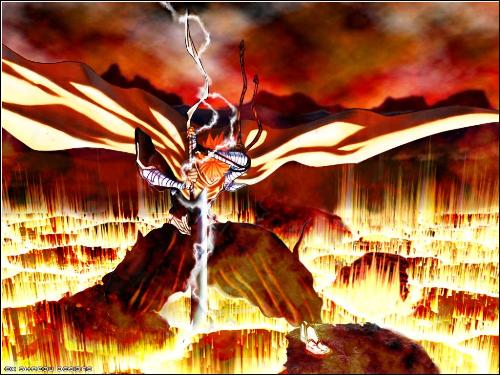 Ichigo Kurosaki with Shi-Kai Zanpaktou - I think this was a wallpaper my friend created.  I just like how the entire picture comes together and shows his rage.  This is from the anime, Bleach.