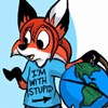 millie from the webcomic ozzy and millie standing beside a globe wearing an 'I'm with stupid' shirt with the arrow pointing to the globe