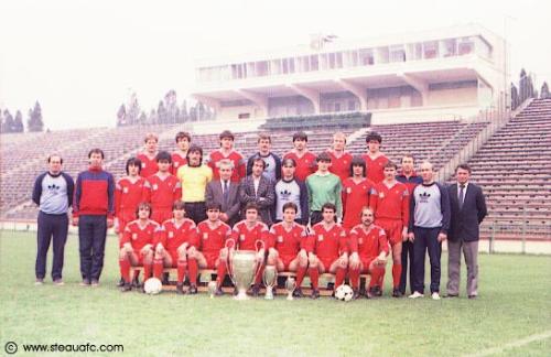Steaua Bucuresti 1986 - FC STEAUA BUCURESTI was founded following to a decree signed off by Mihail Lascar on the 7th of June 1947, on behalf of the National Ministry of Defense of Romania. In the summer of 1946, a few generals and high officers of the Romanian Army were seriously considering starting up a military club and an Army's football team. A few months later, in the spring of 1947, their endeavors led to the formation of the so called 'Sports Association of the Romanian Army'.    The first leader of the football team was also its skipper, Stefan Septville and the newly emerged team had its first ever training camp. Despite the  fact the new team had to take a play off for promoting to the second Division, it was brought up to the top Division, as a replacement for the team Carmen, which was excluded form the top football of Romania. The first coach of the team in its first season in the top Division was Coloman Braun-Bogdan.    Soon the team was named CCA and won its first ever domestic title in Romania in 1951, under the helmet of Gheorghe Popescu, one of its honorary founding members.    Between 1951 and 1961, CCA won 5 more domestic titles, till its name was changed to STEAUA, in the summer of 1961. What did STEAUA bring as an innovation to Romanian football.    Steaua has always promoted the skillful, free flowing and spectacular football, played at an amazing pace, which brought the nickname 'The Speedsters' for the mid 80's team . That STEAUA team became the first ever Eastern European club to win the highest trophy of the European Football, the 'Cup of the European Championships' (or UEFA Champions League as it is known today).    In the 1990's, our club's team won the domestic championship of Romania for 6 times and represented the country 3 times in a row in the UEFA CHAMPIONS LEAGUE competition.    All together, STEAUA BUCURESTI trophy cabinet is by far the richest in the country, as our team won 23 domestic titles, 20 National Cups and 5 Romania's Supercups.