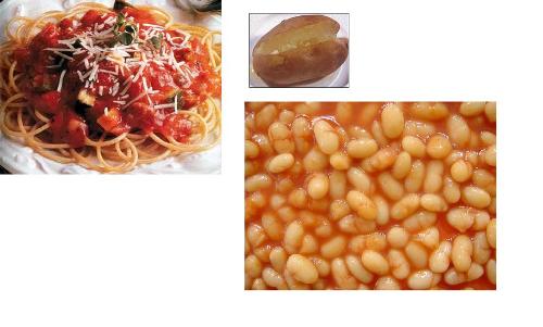 food - chicken spaghetti,baked potatoes and red bean in tomatoes sauce