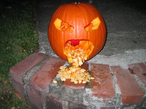 barfing pumpkin i made for halloween - barfing pumpkin =D

really easy to make, just cut out shape and pull out guts =D