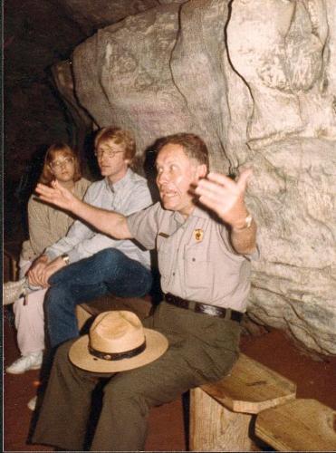 Marshall The Great One Telling An Anecdote To Mamm - Have you seen this strange character anywhere before?  If you grew up in Franklin, Indiana, he might have been your history and/or geography teacher if you were in high school between the years of 1960 and 1980.  If you're a fellow Mammoth Cave fan, you might have been lucky enough to take one or more of his tours--or you might have even encountered him at Everglades, Lincoln's home in Springfield, OH, Indiana Dunes National Lakeshore, or Natchez National Memorial Park sometime between 1980 and 2001.  He's one-of-a-kind (and I mean that in a very positive way), so I doubt if you would forget him if you've ever met him!