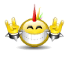 Hello from Kentucky,USA - this is a photo of a smiley that looks punk rocker it has spiked pointed hair in multiple colors and has spiked braclets on both hands and is smiling. and giving what i think is the peace sign.