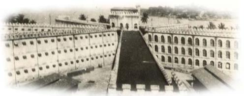 cellular jail. - see the construction that its having the wings that from the top of one point u can take care to the 7 sides wing so its very difficult to escape from there and its height is also to much that its difficult to climb.