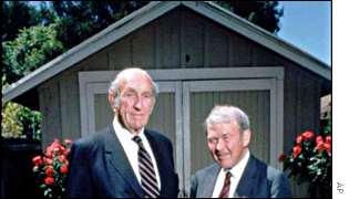 Hewlett-Packard - Bill Hewlett(L) and Dave Packard® of HP. Behind them in the picture is the famous HP Garage.Bill Hewlett and Dave Packard tossed a coin to decide whether the company they founded would be called Hewlett-Packard or Packard-Hewlett.And the winner was NOT Bill... the winner was Dave.
