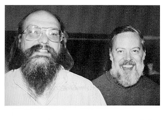creators of UNIX - Ken Thompson (L)and Dennis Ritchie® ,creators of UNIX.Dennis Ritchie improved on the B programming language and called it 'New B'.B was created by Ken Thompson as a revision of the Bon programming language (named after his wife Bonnie)He later called it C