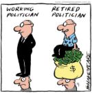 Politicians - Cartoon of a working politian and a retired politician sitting on a bag of money which is on the head of someone, probably a taxpayer-