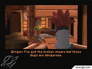 Chicken Run - Chicken Run http://psx.ign.com/objects/014/014922.html CHICKEN RUN brings the comedy and excitement of the film to the PlayStation. The chickens of Tweedy Farm don't want to become pies; help Ginger and Rocky as they explore the farm to find the materials they need to escape. However, they must avoid the guard dogs and lit areas or the heroes will be in great peril. Luckily, these chickens have a radar system that lets them know where the bad guys are lurking and which way they are looking. If the canines detect the chickens, Ginger and Rocky can dispose of the guards with the most dangerous weapon known to man, Brussels sprouts. With the completion of each mission, enjoy a full-motion video sequence from the film that shows how the plan works out. Use stealth and guile to escape the pie machine in CHICKEN RUN.