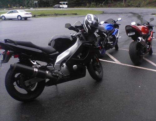 Waiting on the rain to stop to ride again - We were riding up the mountain on highway 178, but it was pouring rain so we had to keep stopping to let the roads dry a little, until we got bored and rode in the rain anyway.  The black 600r is mine.
