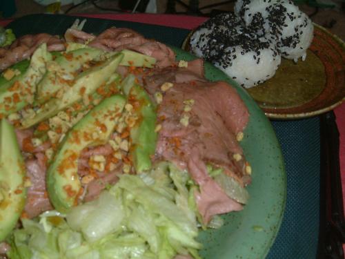 favorite salad - favorite salad is roast beef and avocado with some onigiri (rice balls covered in sesame seeds and salt