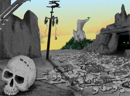 'Lair of the Canidragon'  - This picture was originally done in pencil and scanned into Painter and colored. The rock face was done in a granite style by blending two colors in the paintbox, a feature I've only seen on Painter. The scene is a young warrior with his lance (blade visible in upper corner) slowly approaching the creature's lair. A canidragon, while not a true dragon, is named for its magical hybridation of wolf and basilisk. This highly territorial and fierce creature is often employed to guard entrances of cave dwellers or wizard fortresses. If you look closely or adjust the brightness settings of the picture- you can actually see it inside the cave.