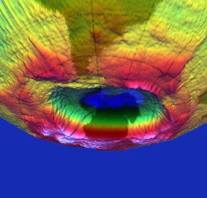 hole of the ozone - hole of the ozone 	     Representation to three dimensions of the hole of the ozone; he has been realized on the base of the data of concentration of the ozone stratospheric from the Goddard Space Flight Center of the Nasa. In the foreground in faint light it is visible South America.