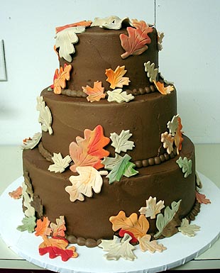 Autumn leaves - This was a chocolate wedding cake covered in fondant autumn leaves. It could be used for a grooms cake as well.