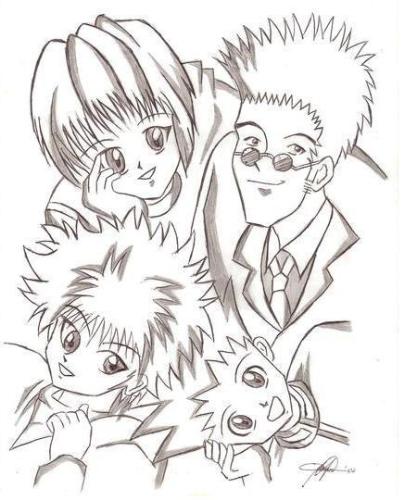 my drawing - i like to draw.  this one is my sketch. they're kurapika, gon, riorio, and killua; the main characters from one of my favorite anime, hunter x hunter.  you should watch it guys, it's really a good one! what do you think of my sketch? hope, it's fine. i'm not that good yet in drawing