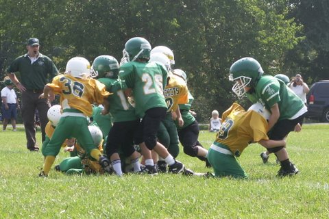 pee wee football  - This is my son's pee wee football team.  The boys are ages 5 to 7.  It's full tackle, not flag.  Those little boys are so cute wearing the helmet and shoulder pads.  When they run they look like they will topple over, so cute!