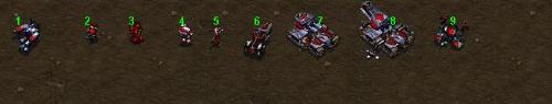 Terran Ground Units - 1- Terran SCV 2- Terran Marine 3- Terran Firebat 4- Terran Medic (Only on Brood War) 5- Terran Ghost 6- Terran Vulture 7- Terran Siege Tank (Tank Mode) 8- Terran Siege Tank (Siege Mode) 9- Terran Goliath