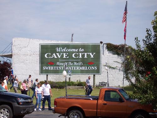 Cave City, Arkansas - This is the main welcome sign as you come into Cave City, Arkansas (USA) from the south on Hwy 167.  The town, founded in the 1800s, is known to scientifically have the world's sweetest watermelons.  Pretty cool.  Population is only about 2,000 people.