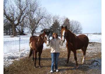 Me and the babies - Here is a picture of me and the babies.  The little one is Dakota, she is a 3 year old quarter horse/paint mare and the big guy is Joey, he is a 9 year old thoroughbred/appaloosa gelding.  They are my babies and so darn spoiled