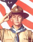 Boy Scout by Norman Rockwell - painting by Norman Rockwell of a boy scout with a flag behind him saluting