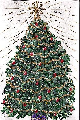painted christmas card  - painted christmas tree on card