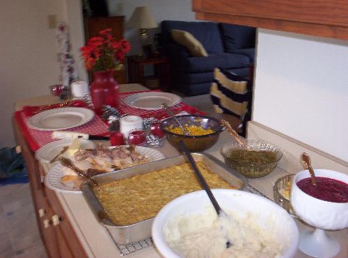 First Thanksgiving - This was our buffet from my first Thanksgiving with my husband.  So much food for only two people.  I cooked a good turkey that year!
