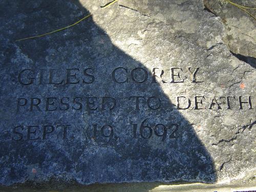 Giles Corey Bench - This is a photo of one of the benches outside the cemetary. This is the bench dedicated to Giles Corey, the only man to be pressed to death for being a witch Giles Corey Bench - This is a photo of one of the benches outside the cemetary. This is the bench dedicated to Giles Corey, the only man to be pressed to death for being a witch