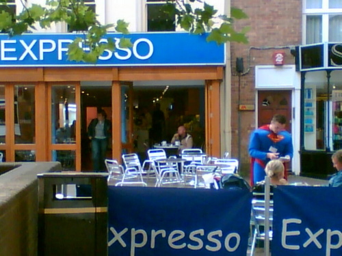 Superwaiter! - Waiter in superman outfit spotted.