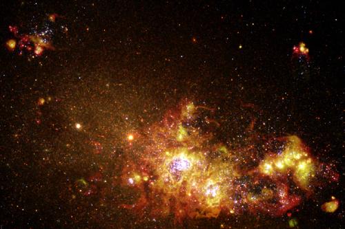 Hubble Space Telescope HST Wide Field Planetary Ca - Located some 13 million light-years from Earth, NGC 4214 is currently forming clusters of new stars from its interstellar gas and dust. In this Hubble image, we can see a sequence of steps in the formation and evolution of stars and star clusters. The picture was created from exposures taken in several color filters with Hubble's Wide Field Planetary Camera 2. NGC 4214 contains a multitude of faint stars covering most of the frame, but the picture is dominated by filigreed clouds of glowing gas surrounding bright stellar clusters. The youngest of these star clusters are located at the lower right of the picture, where they appear as about half a dozen bright clumps of glowing gas. Young, hot stars have a whitish to bluish color in the Hubble image, because of their high surface temperatures, ranging from 10,000 up to about 50,000 degrees Celsius. The radiation and wind forces from the young stars literally blow bubbles in the gas. Over millions of years, the bubbles increase in size as the stars inside them grow older. Moving to the lower left from the youngest clusters, we find an older star cluster, around which a gas bubble has inflated to the point that there is an obvious cavity around the central cluster. The most spectacular feature in the Hubble picture lies near the center of NGC 4214. This object is a cluster of hundreds of massive blue stars, each of them more than 10,000 times brighter than our own Sun. A vast heart-shaped bubble, inflated by the combined stellar winds and radiation pressure, surrounds the cluster. The expansion of the bubble is augmented as the most massive stars in the center reach the ends of their lives and explode as supernovae. The principal astronomers are: John MacKenty, Jesus Maiz-Apellaniz (Space Telescope Science Institute), Colin Norman (Johns Hopkins University), Nolan Walborn (Space Telescope Science Institute), Richard Burg (Johns Hopkins University), Richard Griffiths (Carnegie Mellon University), and Rosemary Wyse (Johns Hopkins University).