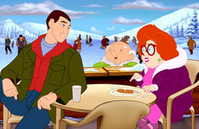 8 crazy nights - Eight Crazy Nights is a 2002 animated musical comedy movie with Adam Sandler about the magic of the holidays.  Set in the fictional small town of Dukesberry, the movie focuses on Davey Stone, a drunk with a long criminal record. Arrested in the beginning of the movie for trying to leave a Chinese restaurant without paying the bill, the seventy year old referee from a basketball league he had used to play in named Whitey Duvall, comes forward at his trial. The judge, at Whitey's suggestion, sentences Stone to be a referee-in-training for the Youth Basketball League under Whitey.  Davey and Whitey do not get along well; at one point Davey knocks Whitey into a port-a-potty, which promptly falls over and as Whitey spills out with the pot's foul contents, Davey sprays him with hose water, freezing and trapping Whitey inside a frozen block of urine and feces. 'Smell ya later, poopsicle.' is all Davey has to say about it. Some deer rescue Whitey later by licking the ice, urine, and feces off.  The next day, Davey is to referee his first game. Soon after the game starts, Whitey suggests that he should call a foul when a fat kid is knocked down. Davey calls a foul 'on this kid for eating everything in sight.' When people in the stands begin to throw things at Davey, scratching Whitey's floor, Whitey goes into a seizure (he does this often throughout the movie). Davey ends the game because 'no one wants to see an old man die,' declaring 'Fatty's team' the losing team 'because I wanna see him cry again.' which he does.  The next scene takes place in the mall. At the mall, Whitey's favorite place to be, the audience is first introduced to Jennifer Friedman, Davey's childhood girlfriend who, according to Whitey, has recently been left by her husband and has returned to Dukesberry to raise her son, Benjamin. Davey comments about Jennifer's good looks, but Whitey reminds him that Davey lost his chance with Jennifer 20 years ago.  In a later scene, when Whitey has taken Davey to the basketball court for 'a refresher course on b-ball rules and regulations,' Davey comments that he could win against two men playing basketball on the court even with Whitey as his partner. Overhearing this comment, one of the men challenges them to a game. Whitey gets knocked out on the first play and Benjamin takes his place. Davey teaches Benjamin some new tricks and they win.  Driving home, you find out more about Davey's and Jennifer's relationship (courtesy of song) Whitey and Davey reach Davey's trailer just in time to see the man who lost the basketball game burning it. Davey runs into the burning trailer and rescues a letter that says 'To our son Davey'. Whitey offers to let Davey stay with him and his sister Eleanore.  Davey at first complains about the highly detailed house rules (referred to as technical fouls, Whitey being a referee), but over time adjusts to living in the Duvalls' home and appears to turn his life around. Then, on the morning of the 'All-Star Banquet,' a ceremony at which the Dukesberry Patch, among other honors is given, Davey and the Duvalls are at an ice rink. After some conversation, Whitey brings up the story of Davey having been the star of 'the JCC Miracle Game' during Hanukkah when he was 12 years old. On that night, Davey's team, normally losing every game, had beaten the other team in a miraculous comeback 'as a Hanukkah present' to their parents. However, after the game, Davey had received the news that his parents had been hit by a truck that had run into a patch of black ice while they were going to the game. All that was shown in the movie to have been recovered from the car was a Hanukkah card to Davey. After that traumatic experience, Davey went into decline and shut down. Davey, in a rage, tells Whitey that no one in the town even knows he exists and will never win the patch he longs for, steals Eleanore's wig, and walks away.  Davey, drunk, breaks into the mall to yell at Jennifer, who is obviously not there. Once inside, the logos (and in some cases, products) of the various mall stores (Radio Shack, Foot Locker, GNC, KB Toys, Victoria's Secret, The Sharper Image, etc.) begin talking to him. A coffee shop mascot pours java into his mouth to sober him, and a musical scene follows where the logos (and products) try to convince him to 'let it out' and cry. He refuses, until they show him his Hanukkah card from his parents. At that point, the police arrive to try to arrest him. He handcuffs the police to each other and runs away with the intent of leaving for New York City.  Davey plans to leave town by taking the night bus, but on the way it is forced to stop; one thumbtack popped all eight of the tires (a hint at the miracle of Hanukkah). Davey then noticed that they had stopped right in front of the banquet hall, where the 'Dukesberry All-Star Patch' was to be given. He realizes that he has to apologize to Whitey, but arrives at the Hall just in time to see the award being given to someone else. Whitey and Eleanor leave sadly without anyone noticing them, and Davey realises that he owes more than an apology, so he goes into the ballroom and tells everyone that Whitey should deserve the award instead.  For the final scene, Whitey goes to the Mall to announce that he will leave town for Florida and Davey brings the rest of the townspeople into the mall. Apologizing, they all give the last 35 years of Badges to Whitey. Eleanore gets Davey and Jennifer together. In the excitement, Whitey has another seizure, but the narrator assures the audience that Whitey is okay, as Whitey says 'This is the happiest seizure in my life'.