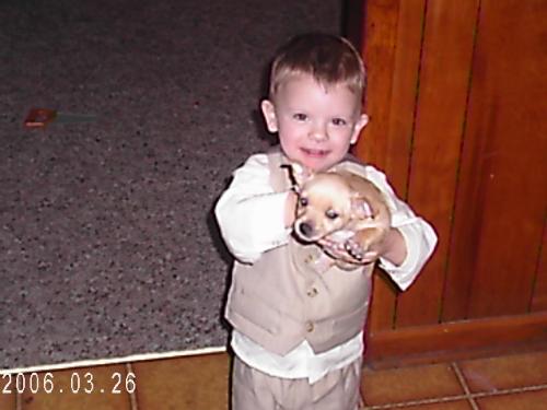 My son Tyler - This is my son Tyler and our dog Jasper.Tyler is 3 years old.We were getting ready to go to church.