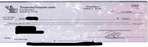 Check from TreasureTrooper - This is my second check from TreasureTrooper, for my July earnings.