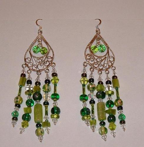 green chandeliere earrings - One of my earlier attempts at beading.