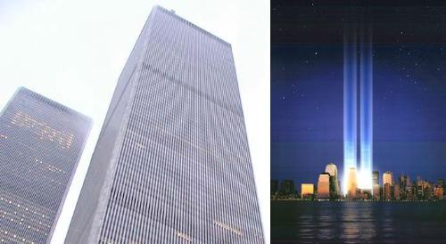 World Trade Center - The World Trade Center, before and after.
The right side shows the tribute lights which
now shine upward in place of the towers in
remembrance of 9-11.