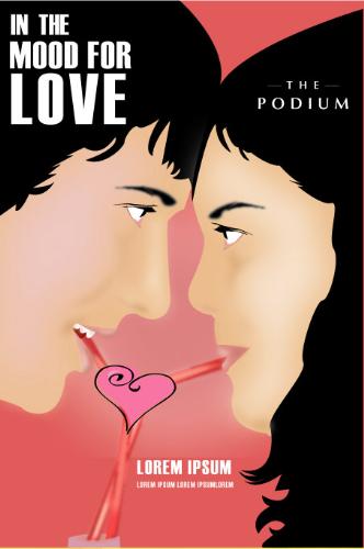 In The Mood For Love - This is made using Adobe Illustrator. I made this for my client. It's a vector illustration of a couple staring closely and lovely to one another. This was used as a valentines sale day poster.