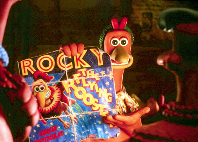 chicken run - Ginger (Julia Sawalha) shows her flock the poster of Rocky the flying rooster, believing he'll help them escape