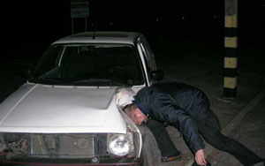 steel head - a man hit a car or a car is hit by a man