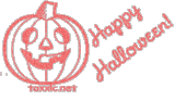 Happy Halloween  - sparkling sign that says Happy Halloween with a drawing of a smiling pumpkin next to it. It is all in orange and sparkling.