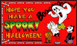 Have a safe and Happy Halloween - Dark pic background with a ghost coming out of a pumpkin to wish happy halloween