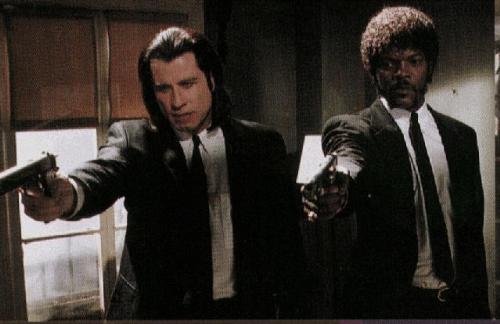 pulp fiction - Pulp Fiction is an Oscar-winning 1994 film directed by Quentin Tarantino who also co-wrote the screenplay with Roger Avary. The film's idiosyncratic characteristics include fragmented storyline, eclectic dialogue, ironic and campy influences, unorthodox camerawork, and numerous pop culture references. Tarantino and Avary won Academy Awards for Best Original Screenplay and the film was nominated for seven Oscars in total, including Best Picture.[1][2]The plot, in keeping with most other Tarantino works, runs in nonlinear order. The unconventional structure of the movie is an example of a so-called postmodernist film. The film's title refers to the pulp magazines popular during the mid–20th century, known for their strongly graphic nature. The film had an impact on the careers of its cast members. It provided a breakthough role for Samuel L. Jackson, previously a supporting actor who became an international star in a part Tarantino wrote especially for him.[citation needed] It revived the fortunes of John Travolta who was going through something of a career slump at the time, and allowed Bruce Willis to move away from the action hero reputation he had gained through films such as Die Hard. It raised the profile of Uma Thurman and led to greater recognition for character actors such as Ving Rhames and Harvey Keitel. Eric Stoltz was also acclaimed for his role as Lance. Using many elements of a black comedy with many stylistic and pop culture touches, Pulp Fiction weaves through the intersecting storylines of Los Angeles gangsters, fringe characters, petty thieves and a mysterious attaché case. In keeping with Quentin Tarantino's directorial trademark of non-chronological story telling, Pulp Fiction is written out of sequence, i.e., it was not written in chronological order then rearranged out of sequence.[3]There are three main storylines in Pulp Fiction: Vincent and Jules; Vincent and Mia Wallace; Butch Coolidge. All three are intertwined. Pumpkin (Tim Roth) and Honey Bunny (Amanda Plummer) discuss robbing restaurants instead of l1quor stores, their normal target, due to lack of awareness in restaurants. They decide to rob the one they are currently in and pull out revolvers. Pumpkin jumps up and screams'Everybody be cool, this is a robbery!' Honey Bunny grabs a revolver and screams'Any of you fcking prcks move, and I'll execute every motherf*ckin' last one of you!'The title credits play. Hitmen Jules Winnfield (Samuel L. Jackson) and Vincent Vega (John Travolta) head to a Los Angeles apartment to retrieve a briefcase that was involved in a failed deal for their boss, gangster Marsellus Wallace (Ving Rhames). They also have to kill Brett (Frank Whaley), the one who was supposed to have set up the deal, and his cohorts. The briefcase is a classic MacGuffin, whose contents are never revealed except indirectly as a glowing, gold light. Also, it should be noted that the code to the lock on the briefcase is 666, number of the beast. Jules shoots Brett's cohort (whom he had referred to as'Flock of Seagulls' for his hairstyle) and then, after a long and bizarre conversation led by the scripture-spouting Jules (a variation on Ezekiel 25:17, 'The path of the righteous man'), Vincent and Jules execute Brett in a hail of gunfire. They spare their informant, Marvin (Phil LaMarr), who happened to be there with the gang. Throughout the entire scene there is an ongoing conversation about McDonalds restaurants in foreign countries. Vega notes that since in Paris the metric system of measurement is used, a Quarter Pounder with cheese is called a'royale with cheese.' This is brought up earlier while Jules and Vincent are driving to Brett's apartment.[edit] Mia Wallace and Vincent Uma Thurman as Mia Wallace. Enlarge Uma Thurman as Mia Wallace. Vincent and Jules arrive at a bar owned by Marsellus Wallace just as Butch Coolidge is concluding a meeting with Wallace himself. As Butch leaves, he has a minor altercation with Vincent. At Marsellus's request, Vincent Vega shows his wife Mia (Uma Thurman) a good time while Marsellus is out of town. Vincent shows up at Mia's house and while waiting for her to get ready, she plays'Son of a Preacher Man', by Dusty Springfield on the sound system. They head to the fictional restaurant Jack Rabbit Slim's, a slick 1950s-themed restaurant with lookalikes of the decade's top pop culture icons as staff (e.g., television impresario Ed Sullivan as the maître d', and servers such as singer Buddy Holly (Steve Buscemi) and actresses Marilyn Monroe and Mamie Van Doren), an option for patrons to eat at a booth or a classic car refitted as a booth, and the famous'Five-Dollar Milkshake'. Vincent and Mia make small talk, wherein she recounts her experience as an actress in a failed television pilot,'Fox Force Five' (which could also be a play on the 666 phenomenon as'F' is the 6th letter of the English alphabet.) The show followed the exploits of an all-female team of secret agents, each having a particular specialty. Mia's character, Raven McCoy, was raised by circus performers and, according to the show, was'...the deadliest woman in the world with a knife.' She also knew a zillion old jokes her grandfather, an old vaudevillian, taught her, though she initially refuses to share with Vincent the joke Raven tells in the pilot out of fear of being embarrassed. In Mia's words, the rest of the troupe had other formidable abilities:'Fox, as in we're a bunch of foxy chicks. Force, as in we're a force to be reckoned with. Five, as in there's one... two... three... four... five of us. There was a blonde one, Sommerset O'Neal from that show'Baton Rouge', she was the leader. A Japanese one, a black one, a French one and a brunette one, me. We all had special skills. Sommerset had a photographic memory, the Japanese fox was a kung fu master, the black girl was a demolition expert, the French fox's specialty was sex...'(Tarantino has acknowledged the similarity between Fox Force Five and the Deadly Viper Assassination Squad (DiVAS) in Kill Bill) Mia then demands that Vincent dance with her in the Jack Rabbit Slim's twist contest and they dance to Chuck Berry's'You Never Can Tell'. When they return to the Wallace house, she is seen carrying the trophy. While listening to Urge Overkill's version of Neil Diamond's'Girl, You'll Be A Woman Soon', Mia finds Vincent's stash of heroin in the pocket of his coat, then proceeds to cut and snort a line of it, mistaking it for cocaine. She overdoses and a fearful Vincent rushes her over to small-time drug dealer Lance (Eric Stoltz), who had previously sold him the heroin. Lance helps Vincent ready the adrenaline shot and Lance's dysfunctional wife Jody (Rosanna Arquette) watches. Vincent stabs Mia with the syringe full of adrenaline. She wakes up with a howl and when asked to say something, says'something'. Jody remarks,'That was f*cking trippy'. Upon arriving back at the Wallace residence, Mia finally reveals her corny joke:'So there's Papa Tomato, Momma Tomato and Baby Tomato walking along the street. Baby Tomato starts lagging behind, and Papa Tomato starts getting really angry. So, he turns around and squishes Baby Tomato and says, 'Ketchup.''In their last conversation, they agree not to tell Marsellus of the overdosing incident, both fearing what he might do to either of them.[edit] The Gold Watch Butch Coolidge (Bruce Willis) in the pawnshop. Enlarge Butch Coolidge (Bruce Willis) in the pawnshop. Aging prizefighter Butch Coolidge (Bruce Willis) accepts a large sum of money from Marsellus, agreeing to'take a dive' (deliberately lose a fight) by allowing himself to be knocked out in the fifth round of his upcoming match. However, Butch double-crosses Marsellus, instead betting the money he received from Marsellus on himself (with, due to the fight's being fixed, very favorable odds) and winning the bout, accidentally killing his opponent in the process. Although now flush with cash, Butch must quickly leave town, as a vengeful Marsellus is hot on his trail. There is a flashback at the beginning of the'The Gold Watch' storyline (Butch's story), in which the child Butch Coolidge (Chandler Lindauer) receives his watch from a war buddy of his father's (Christopher Walken), who kept the watch in his rectum for two years to hide it from the Vietcong due to his father's death in a Vietnam War POW camp. This gold watch, which has been passed down from father to son since his great-grandfather fought in World War I, is of great sentimental value to Butch. Butch is compelled to return to his apartment to retrieve the wristwatch after he discovers his girlfriend Fabienne (Maria de Medeiros) has forgotten to pack it. He is worried that most likely Marsellus is there looking for him. When Butch enters, the coast is clear. Butch quickly gets the watch and is ready to leave. Satisfied no-one awaits to kill him, Butch grabs a sack of toaster pastries in his kitchen and puts them in the toaster on the counter. While waiting for the pastries to pop out, Butch notices a silenced MAC-10 submachine gun on the kitchen counter. Butch is shocked and picks up the gun. Upon hearing his toilet flush in the bathroom next to the kitchen, he readies himself in time to encounter Vincent Vega coming out of the bathroom. They both freeze in shock. Butch concentrates intensely on Vincent, and when the toaster pastries pop up, the shock causes Butch to fire the gun at Vincent, who falls back into the bathroom dead. While driving back to the motel from the apartment complex, Butch sees Marsellus crossing the street in front of him. They recognize each other, and Butch accelerates into Marsellus. He then collides with another car and rolls into a small parking lot. A group of ladies help Marsellus back to his feet. In his POV, he sees Butch running away from the scene. He takes out his gun; the ladies run away. Butch runs down the sidewalk with an injured leg, while Marsellus limps on his tra