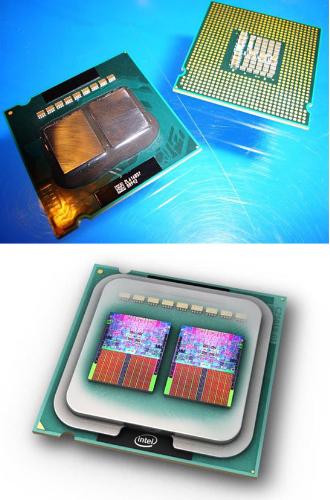 This illustration shows the two dual-core chips - This illustration shows the two dual-core chips within the Xeon 5335 package. Each chip is a Xeon 5100 "Woodcrest" processor.
This illustration shows the two dual-core chips - This illustration shows the two dual-core chips within the Xeon 5335 package. Each chip is a Xeon 5100 "Woodcrest" processor.