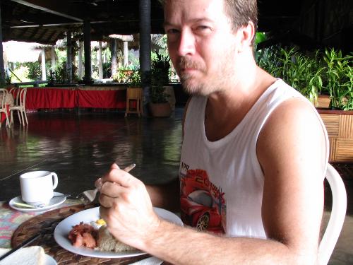 Big Bear enjoying good food - enjoying breakfast at Villa Escudero, Philippines