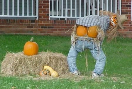 Mooning Scarecrow - A scarecrow made of pumpkins and straw, appearing to moon you.